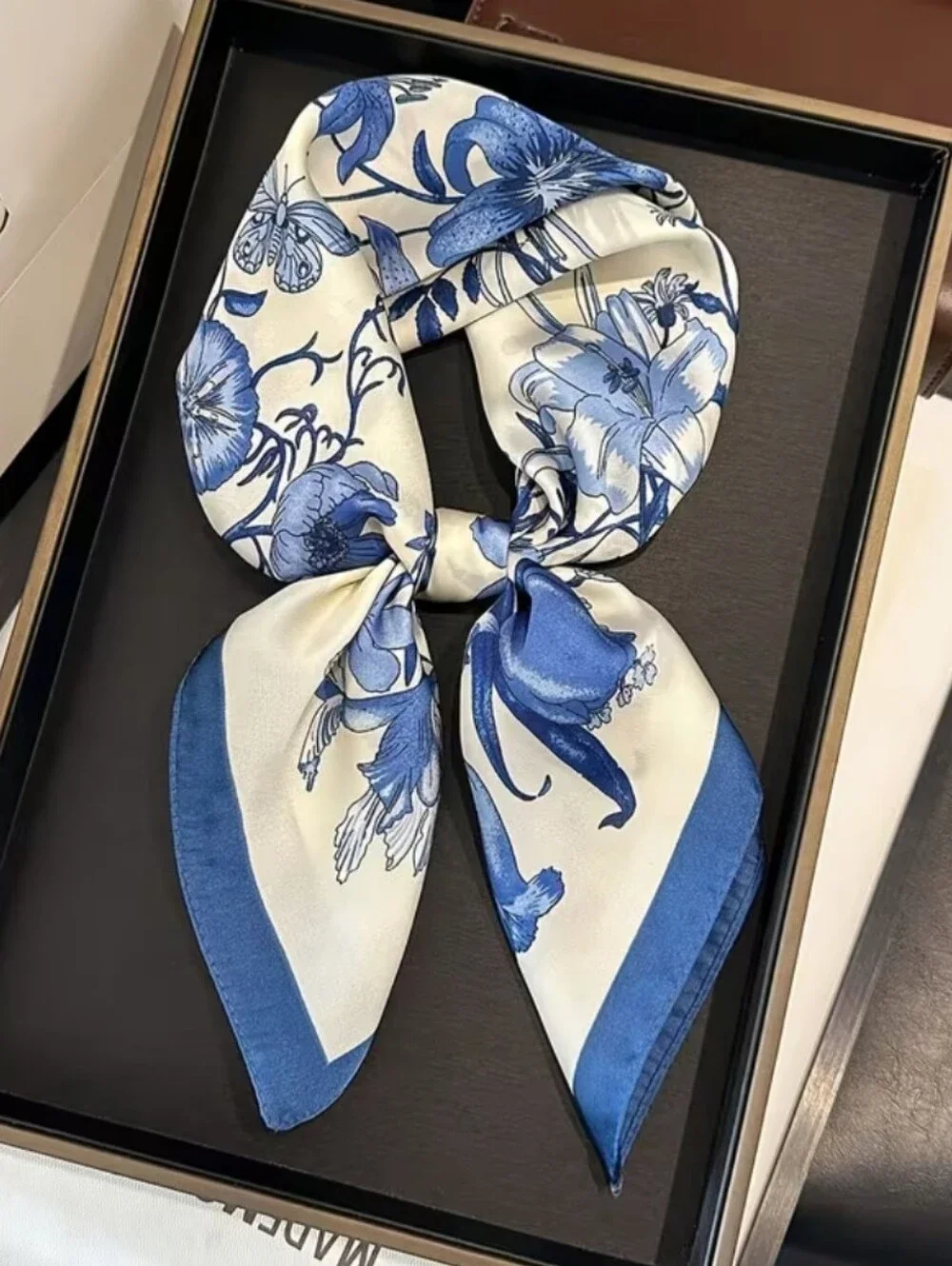 Silk-feel Blue & Cream Floral  Scarf